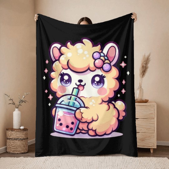 Kawaii Llama Sips Bubble Tea Cute Llama Boba Tea Throw Blankets