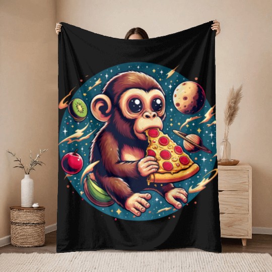 Space monkey enjoys pizza Throw Blankets