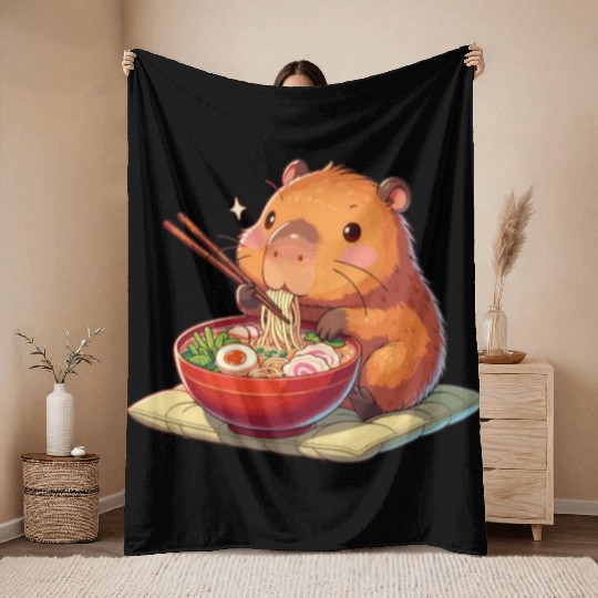 Cute Capybara Eats Ramen Noodles Capybara Ramen Throw Blankets