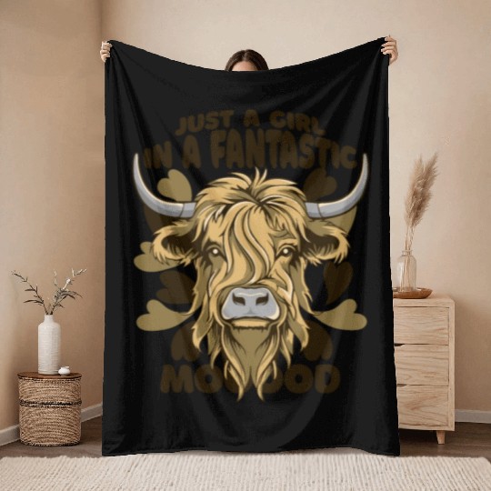 A Girl In A Fantastic Mood Highland Cow Highland Throw Blankets