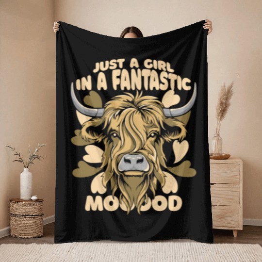 A Girl In A Fantastic Mood Highland Cow Highland Throw Blankets