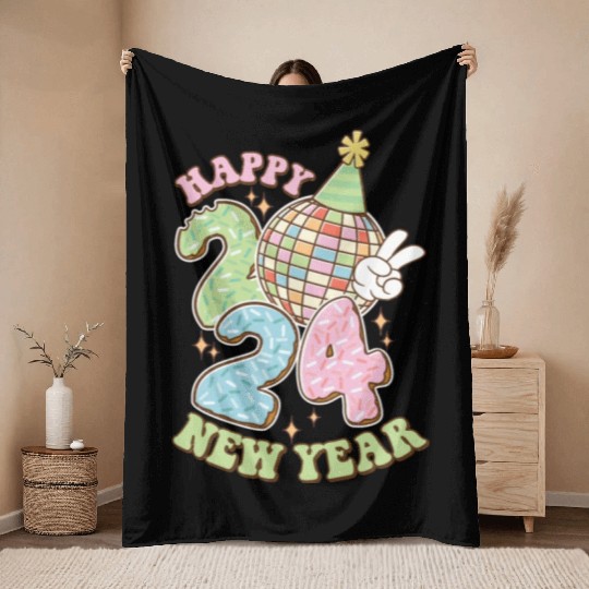 Happy New Year 2024 disco ball party Throw Blankets