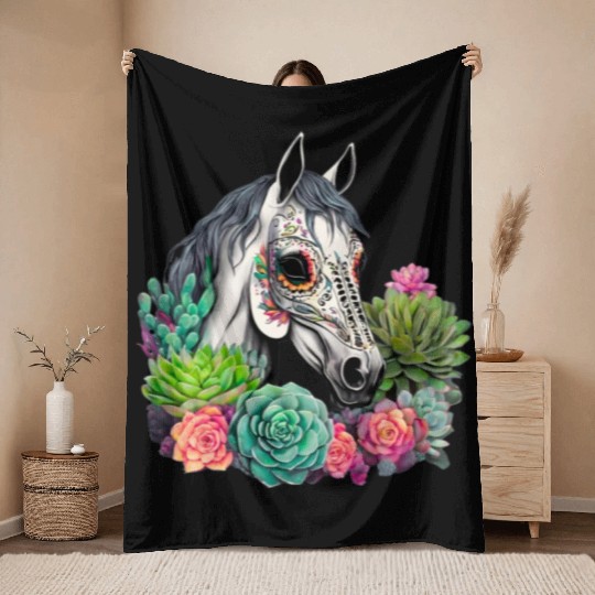 Horse Succulent Sugar Skull Throw Blankets