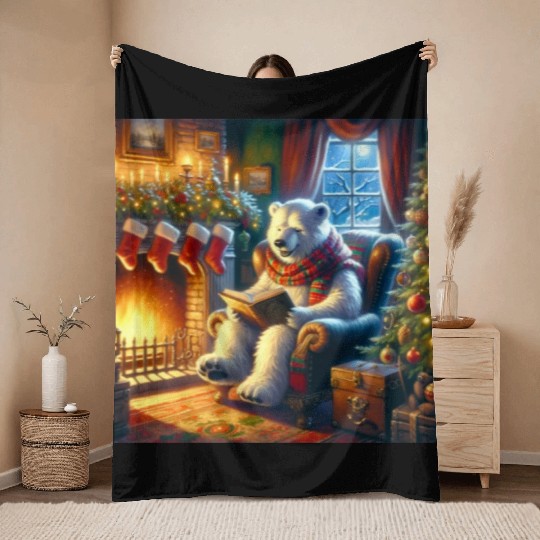 Winter Tales-Merry Cozy Bear Reading by Fireplace Throw Blankets