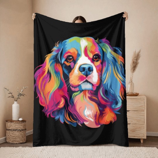 Watercolor Colorful Cavalier King Charles Spaniel Throw Blankets