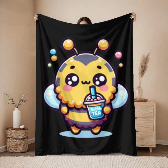 Adorable Kawaii Bee Cute Animal Boba Tea Bubble Throw Blankets
