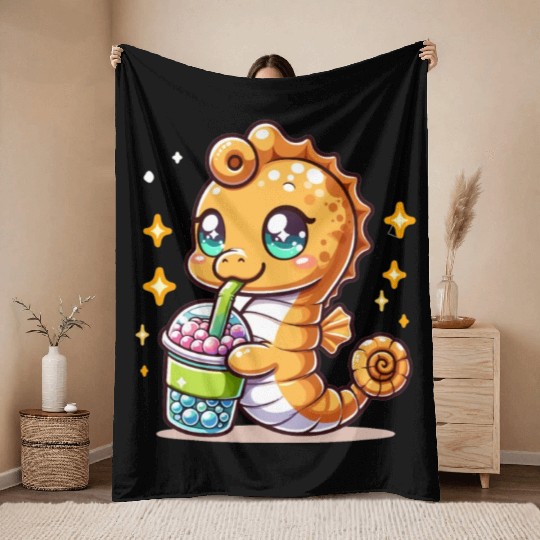 Kawaii Sea Horse Enjoys Bubble Tea Sea Animal Boba Throw Blankets