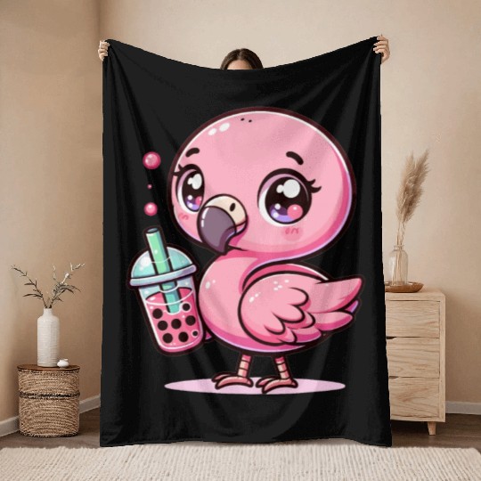Cute Kawaii Flamingo Bubble Tea Lover Flamingo Throw Blankets