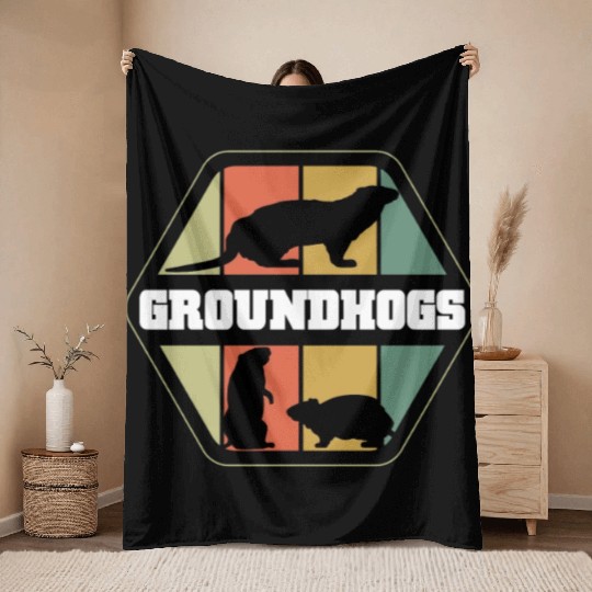 Groundhogs Silhouette Retro Vintage Groundhog Day Throw Blankets
