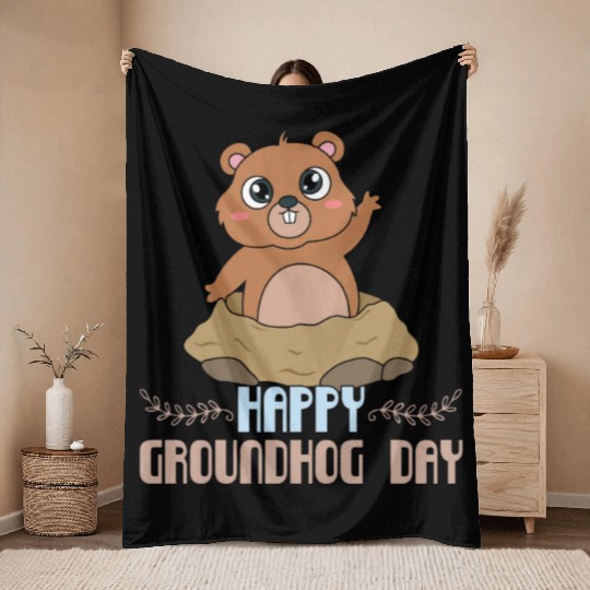Cute Kawaii Groundhog Happy Groundhog Day Throw Blankets