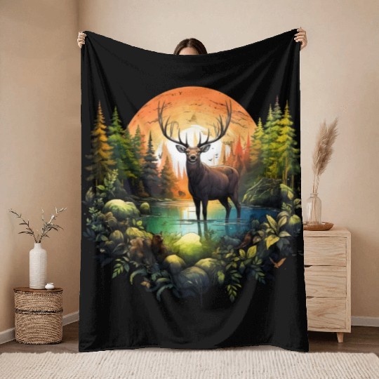 Reindeer between trees river and nature Throw Blankets