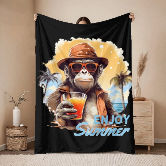 Cool Monkey With Drink Funny Animals Chimpanzee Throw Blankets