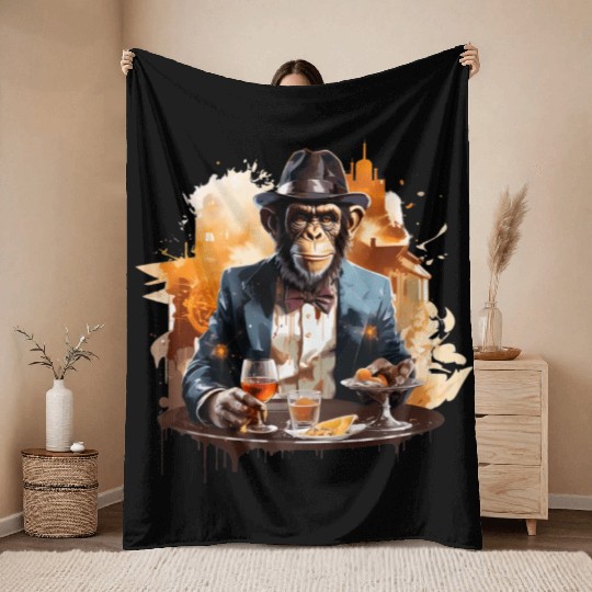 Cool Business Monkey with Drink Chimpanzee Throw Blankets