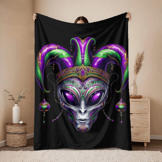 Mardi Gras alien with a fool's hat Throw Blankets
