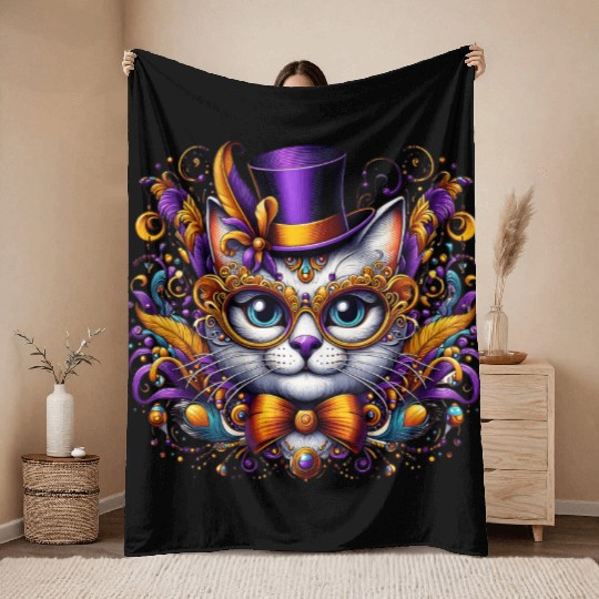 Mardi Gras cat with hat and glasses Throw Blankets