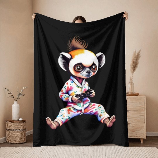 Young Sifaka Wearing Pajamas Retro Video Game Throw Blankets