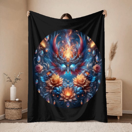 Phoenix Rebirth in Cosmic Bloom Throw Blankets