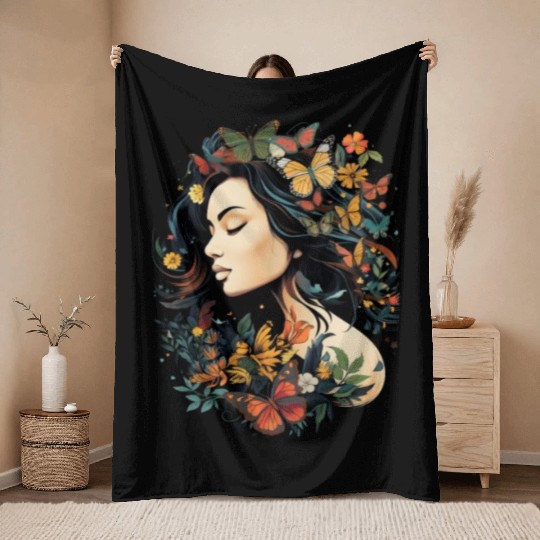 International Womens Day Woman Butterflies Throw Blankets
