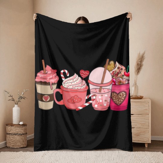 Valentines Day Pink Coffee Cups Latte Iced Cream Throw Blankets