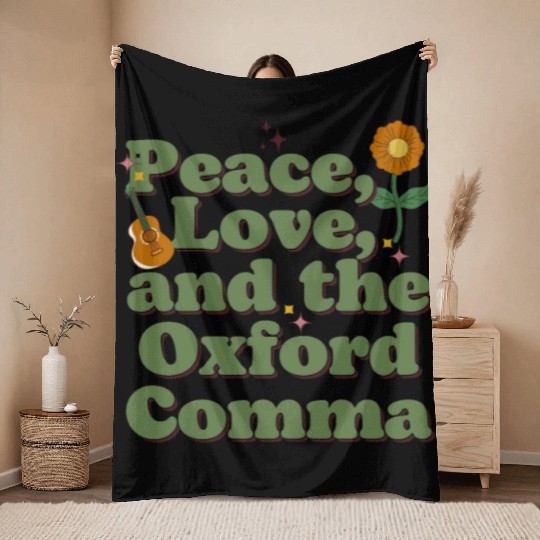 Funny Oxford Comma Peace Love and the Oxford Comma Throw Blankets