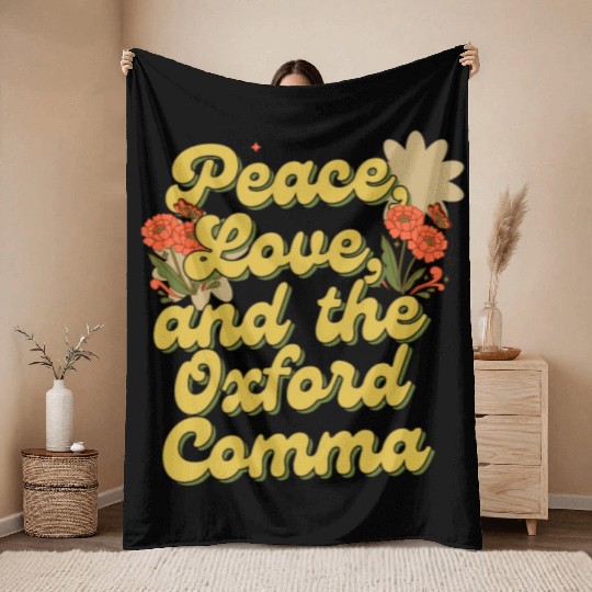 Funny Oxford Comma Peace Love and the Oxford Comma Throw Blankets
