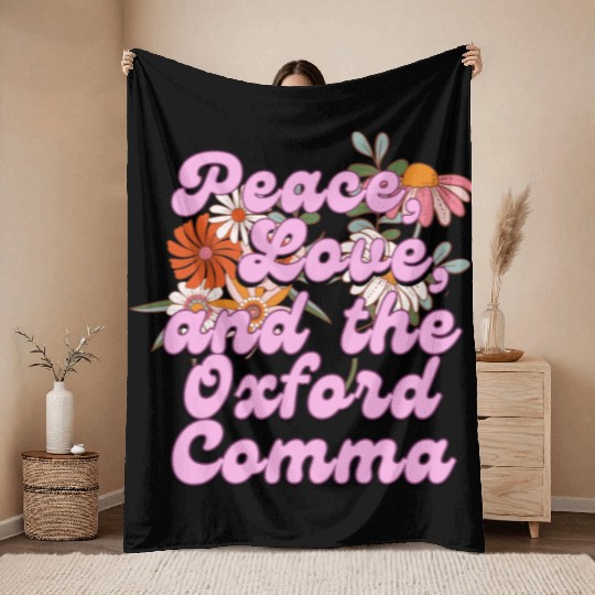 Funny Oxford Comma Peace Love and the Oxford Comma Throw Blankets