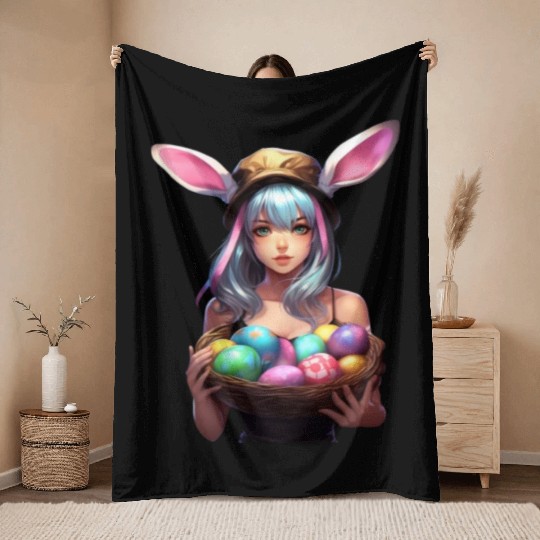 Easter Day Anime Girl Bunny Ear Easter Egg Hunt Throw Blankets