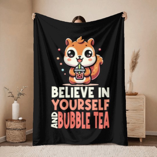 Kawaii Squirrel Bubble Tea Believe In Yourself Throw Blankets