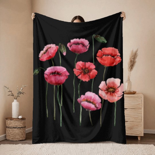 Poppies, spring bloomers, summer, flower, vintage. Throw Blankets