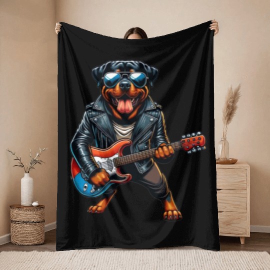 Rottweiler dog guitar design Throw Blankets