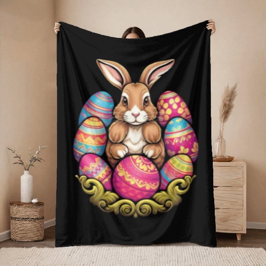 Easter Bunny Rabbit Colorful Eggs Easter Egg Hunt Throw Blankets