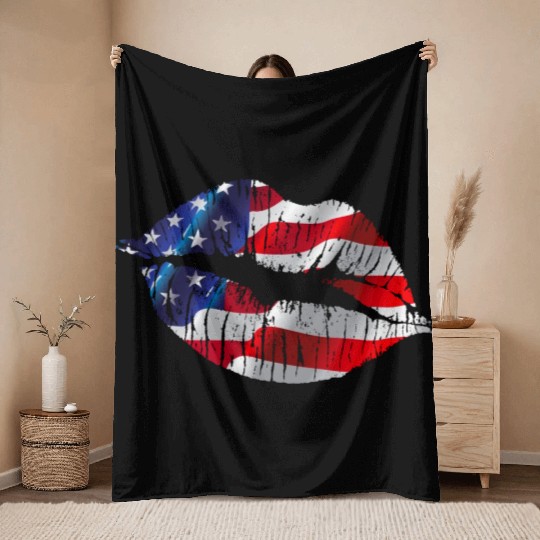 Flag Lips, Patriotic Lips, USA Lips Throw Blankets
