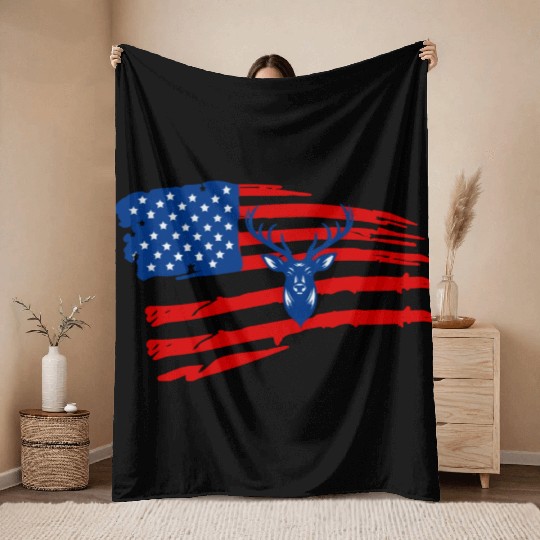 American flag Hunting deer Throw Blankets