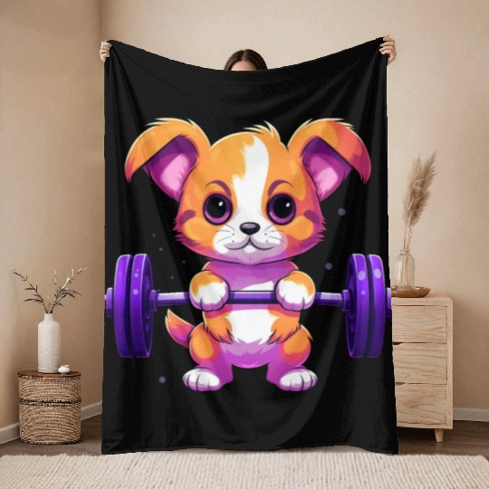 Cute Puppy Lifting Gym & Fitness Throw Blankets