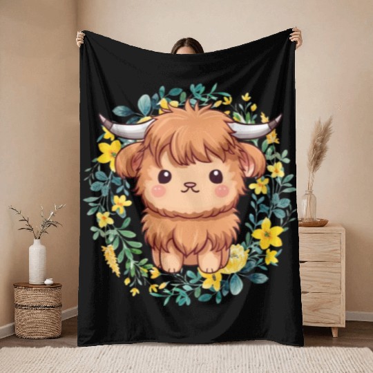 Cute Baby Highland Cow With flowers Calf Animal Throw Blankets