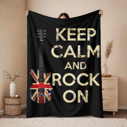 Keep Calm and Rock On Union Jack Guitar Throw Blankets