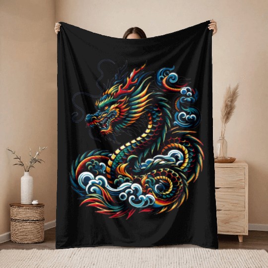 Colorful Dragon Zodiac Chinese Dragon Art Throw Blankets