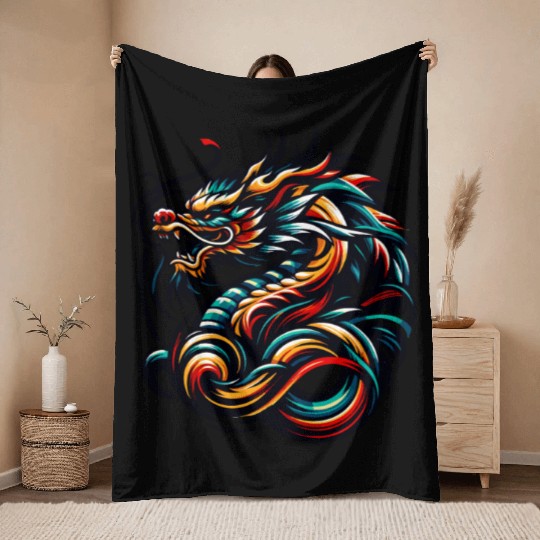 Colorful Chinese Dragon Artwork and Tribal Design Throw Blankets