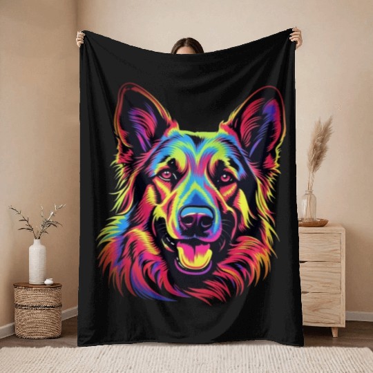 German Shepherd Funny Dog Street Art Comic Pet Throw Blankets
