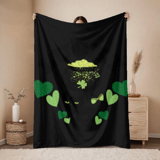 LUCKY ST PATS BLACK CAT Feline Kitty Design Throw Blankets