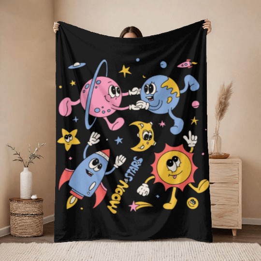 Solar System Planets Moon Sun Saturn Cute Groovy Throw Blankets