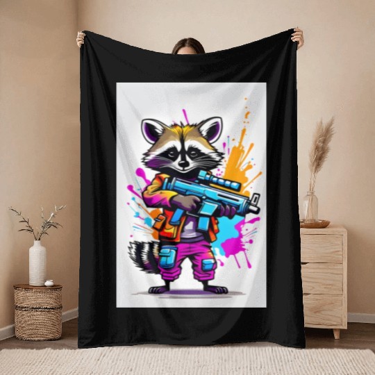 Raccoon with laser gun Throw Blankets