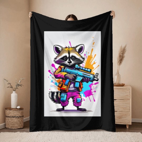 Raccoon with laser gun Throw Blankets