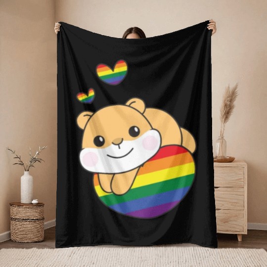 Rainbow Flag Pride Lgbtq Cute Hamster Love Throw Blankets