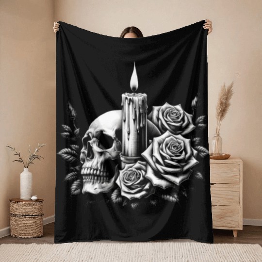 Gothic Skull and Roses Graphic Art Throw Blankets