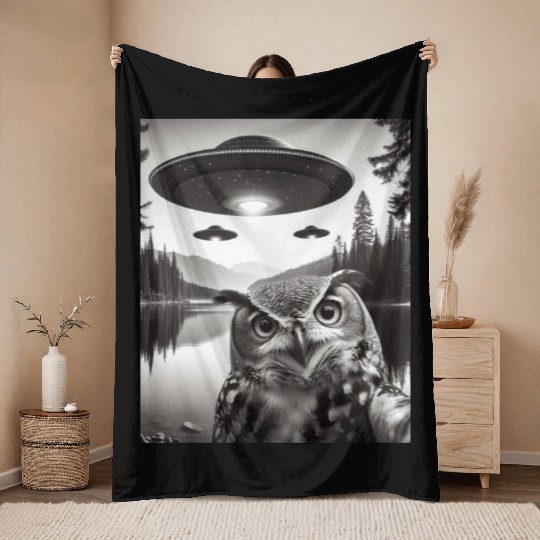 Funny Graphic Owl With UFOs Weird Throw Blankets