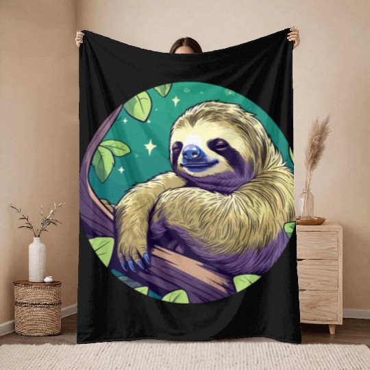 Sleeping Sloth Illustration Throw Blankets