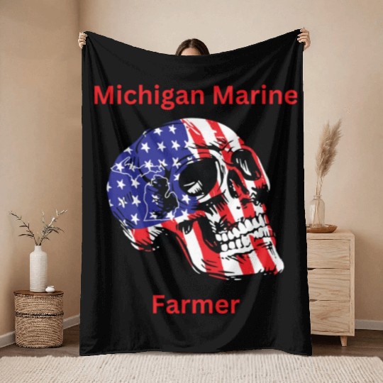 MichiganMarineFarmer with patriotic skull Throw Blankets