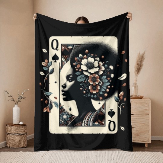 Black Queen Poker Tarot Card African American Throw Blankets