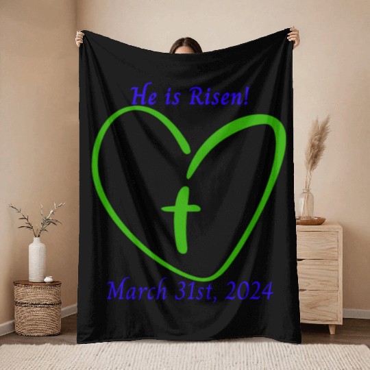 He Is Risen Heart with a Cross; March 31st, 2024 Throw Blankets